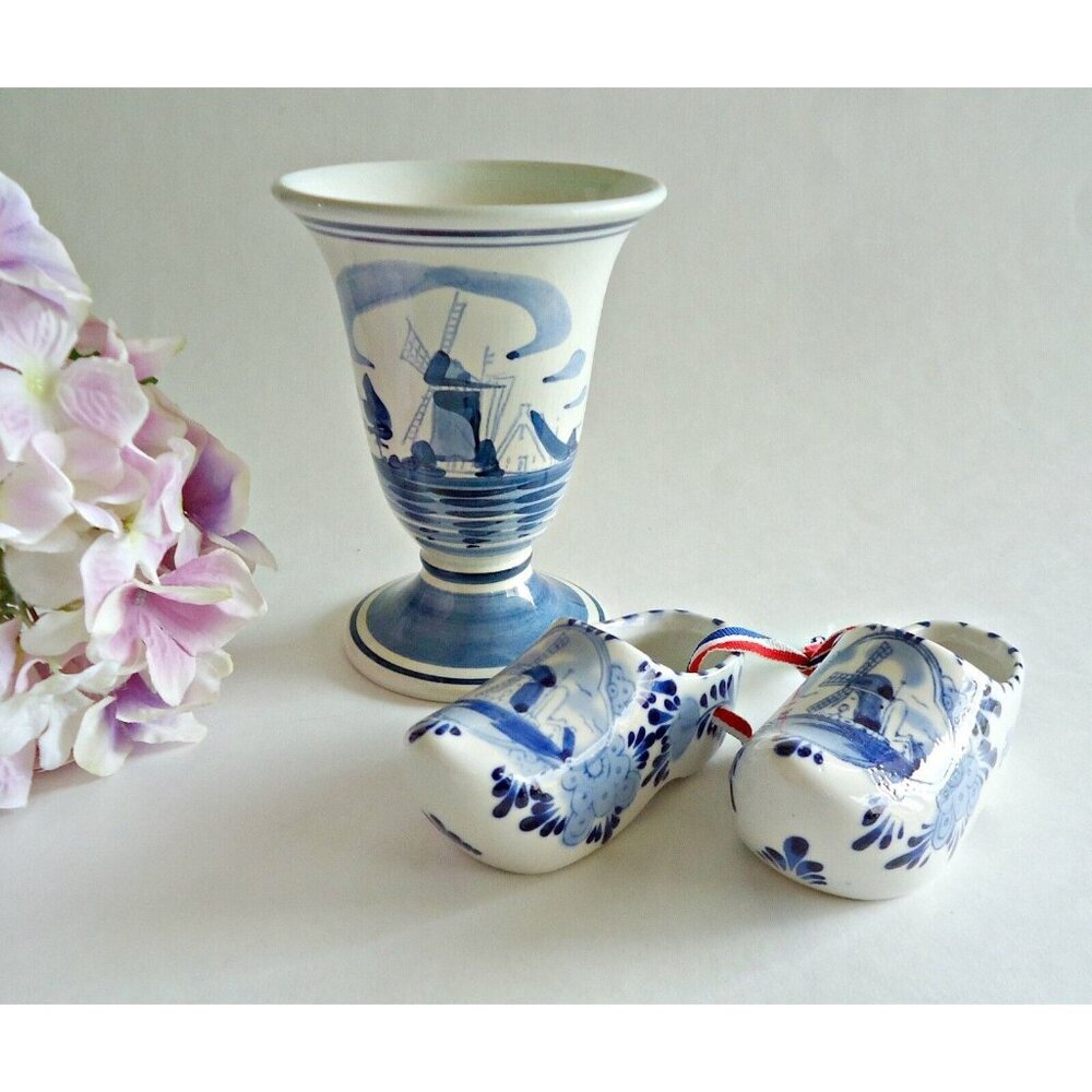 Vintage Delft Blue Vase Miniature Dutch Shoes Holland Delftware